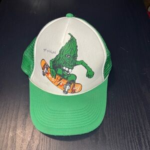 Volcom Green and White Trucker Hat with Skate Pickle Graphic